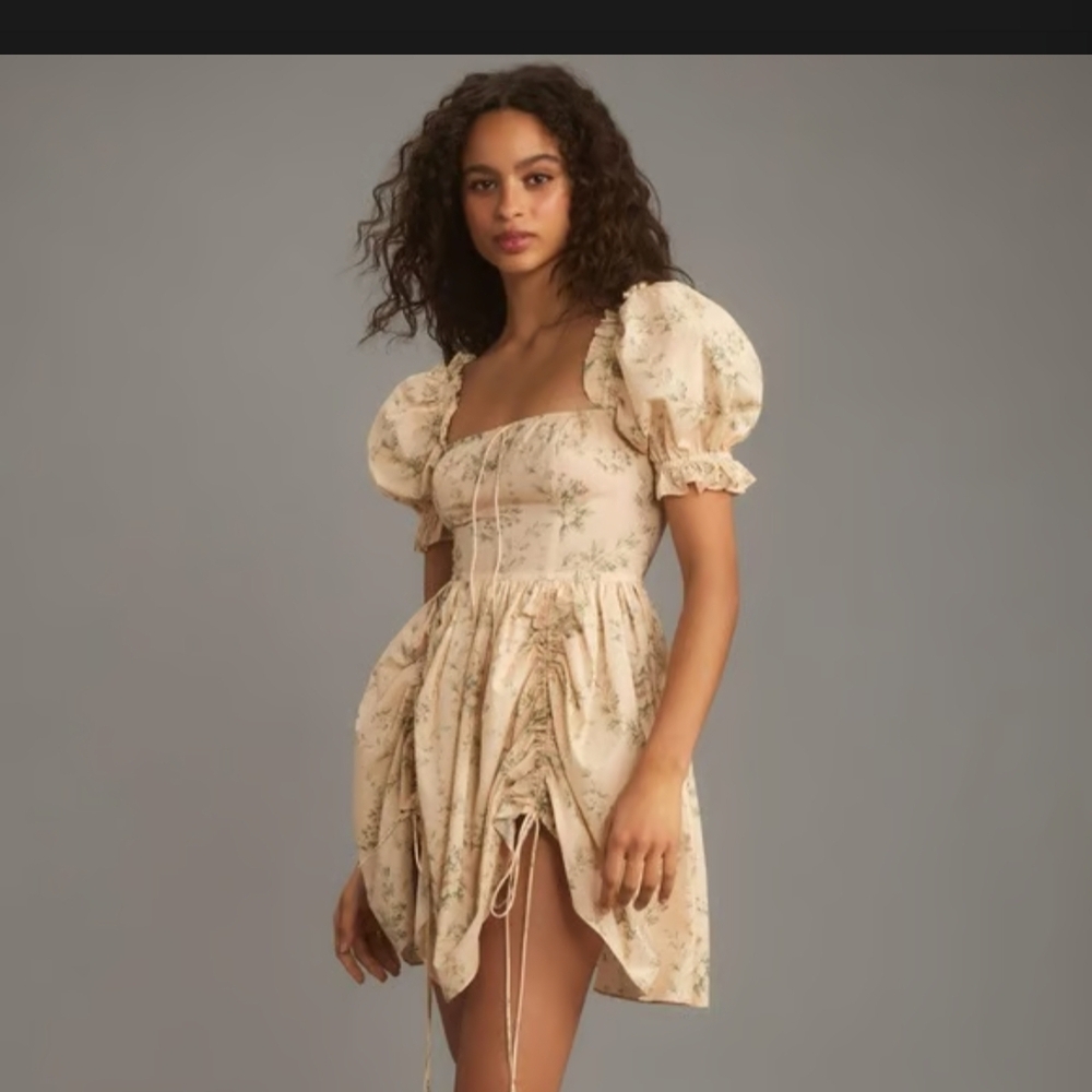 Selkie Cream Floral Puff Sleeve Mini Dress